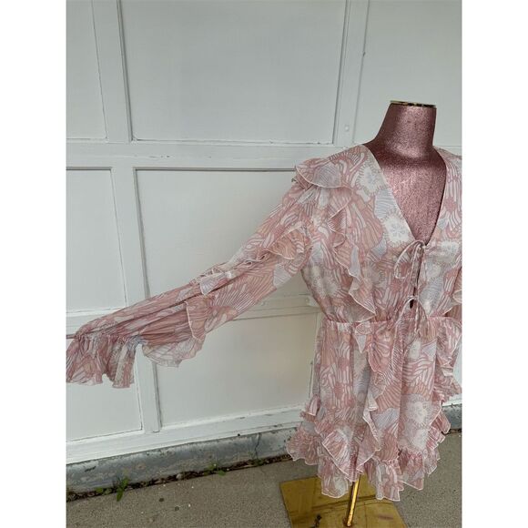 Ted Baker London BoHo Floral Ruffle Long Sleeve Romper Coral Size 6-8 V-Neck - Picture 2 of 10